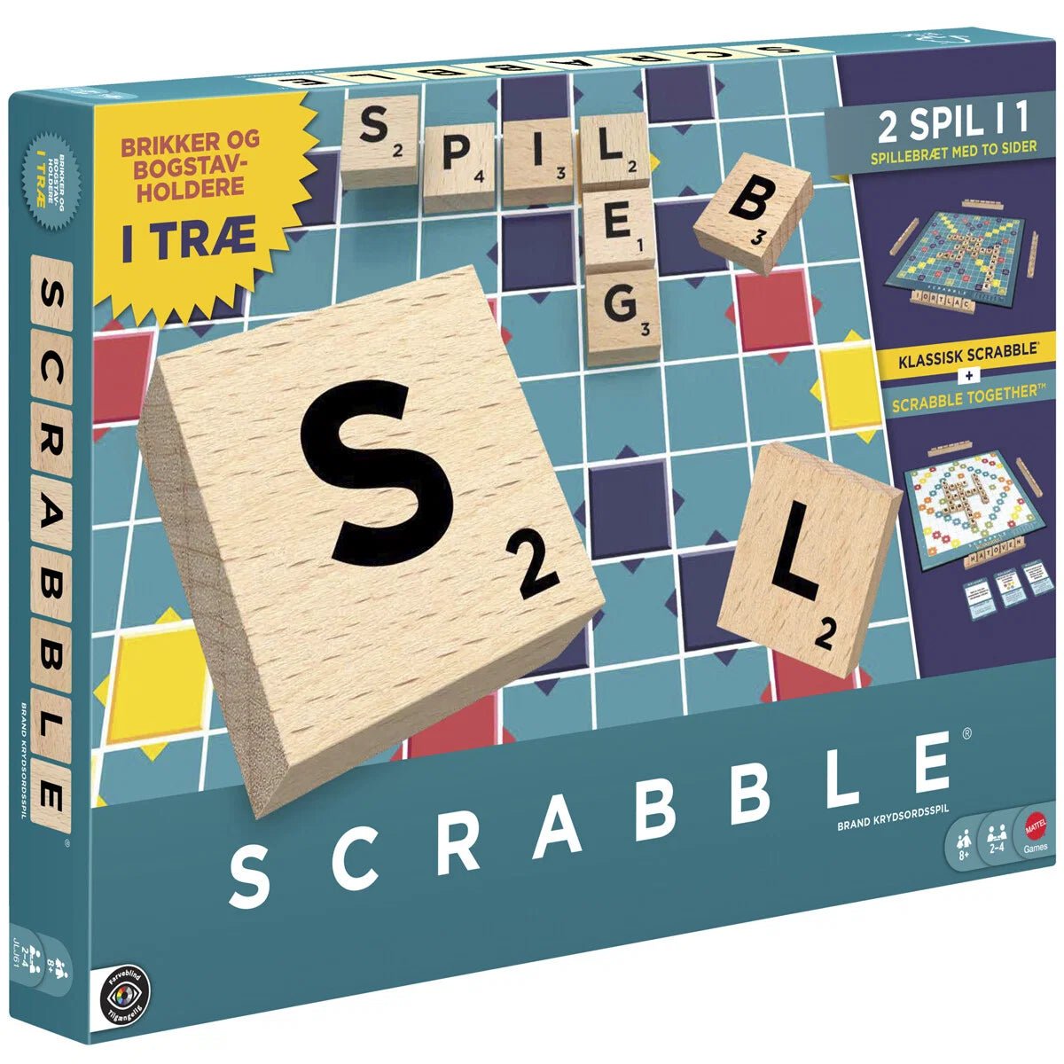 Scrabble med brikker i træ